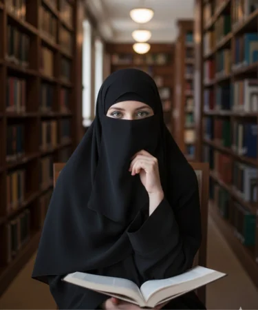 Woman wearing a black niqab reading an open book in a library between bookshelves.