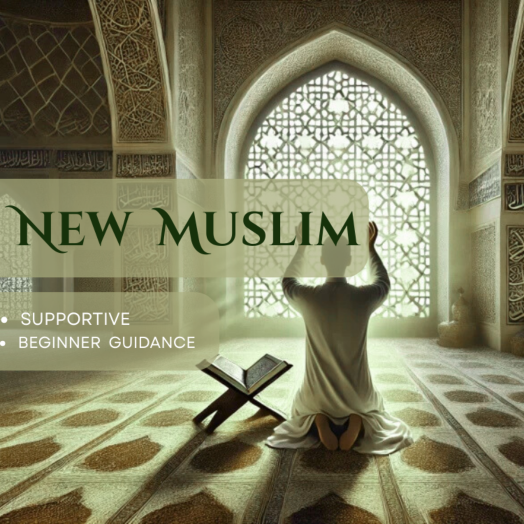 New Muslim guidance banner showing a person praying in a mosque with a Quran on a stand and the text ‘Supportive beginner guidance’.