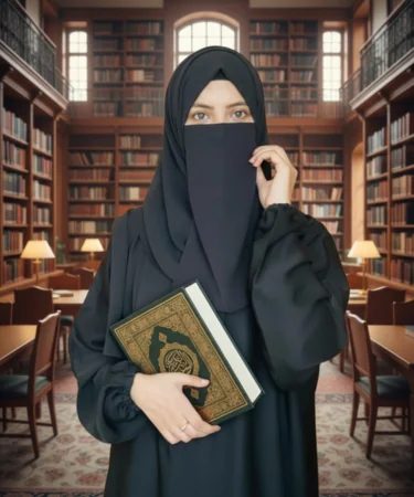 Woman wearing a black niqab holding a Quran in a library with bookshelves in the background.