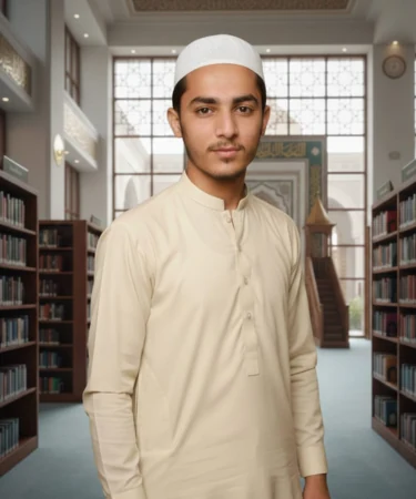 Portrait of a young man wearing a white cap and beige traditional clothing, standing in a mosque library with bookshelves.