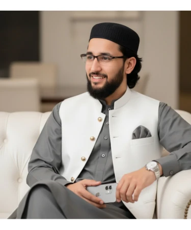 Man wearing glasses and a black cap, seated on a white sofa in traditional attire, holding a smartphone.”